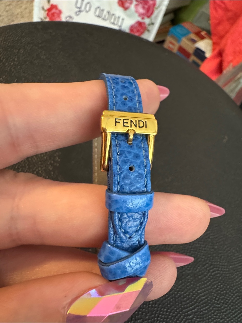 Fendi Blue Leather Strap with Gold-Tone Logo Buckle